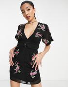 Asos Design Mini Tea Dress With Pop Floral Embroidery-black