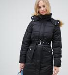 Warehouse Longline Padded Coat With Faux Fur Trim In Black - Gray