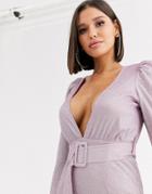 Saint Genies Metallic Puff Sleeve Dress With Fabric Buckle Waist Belt In Lilac-purple
