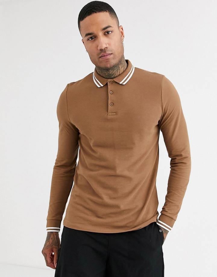 Asos Design Long Sleeve Tipped Pique Polo Shirt In Brown