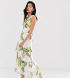 Warehouse Maxi Dress With Frill In Tropical Print - White