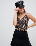 Prettylittlething Lace Trim Animal Print Cami In Multi - Brown