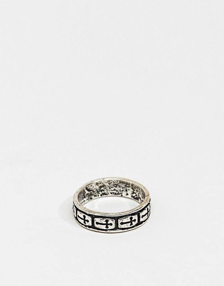 Asos Design Ring With Cross In Burnished Silver - Silver