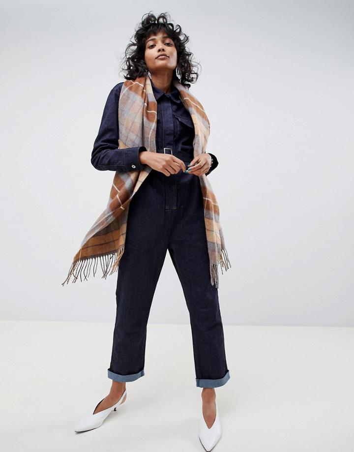 Asos Design Oversized Lambswool Scarf In Camel Check - Brown