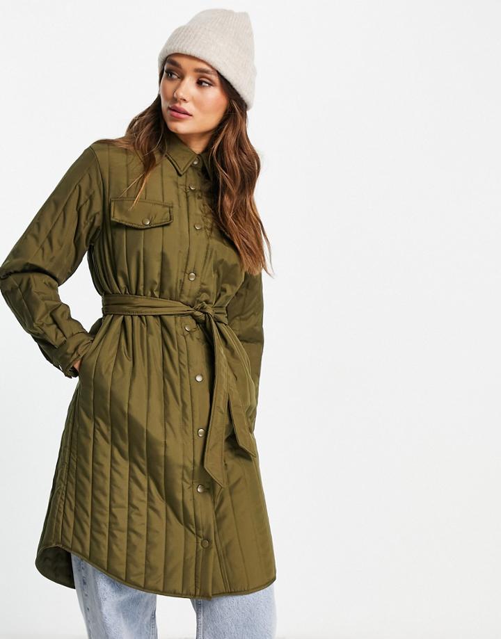 Vero Moda Quilted Long Line Tie Waist Shacket In Khaki-green