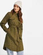 Vero Moda Quilted Long Line Tie Waist Shacket In Khaki-green