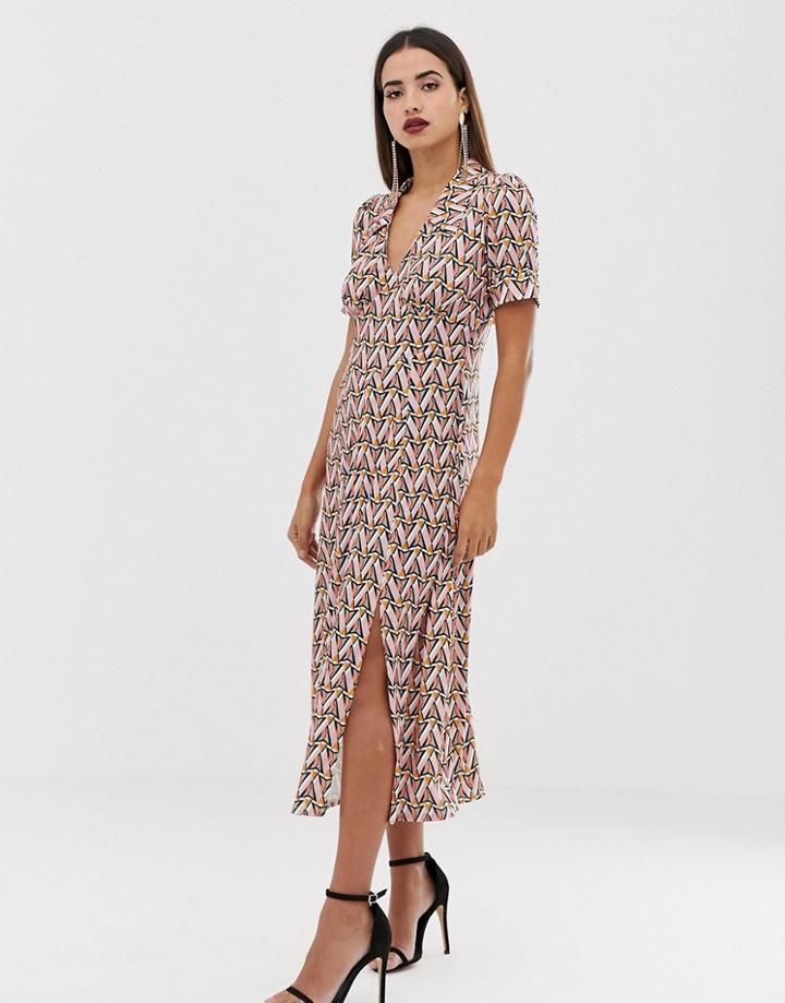 Asos Design Geometric Print Midi Tea Dress - Multi
