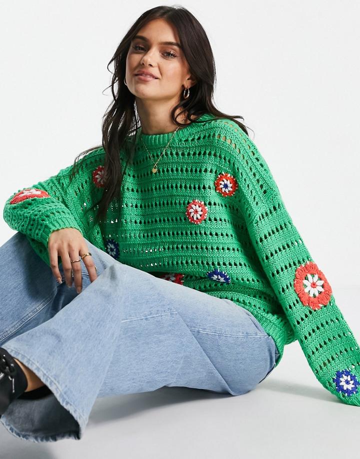 Asos Design Sweater With Crochet Flowers In Green