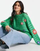 Asos Design Sweater With Crochet Flowers In Green