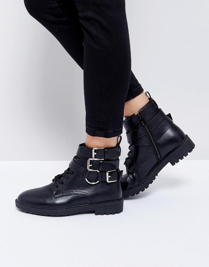 Raid Helena Black Multi Buckle Grunge Flat Ankle Boots - Black