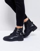 Raid Helena Black Multi Buckle Grunge Flat Ankle Boots - Black