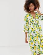 Neon Rose Tie Front Midi Tea Dress With Shirring In Lemon Print-yellow