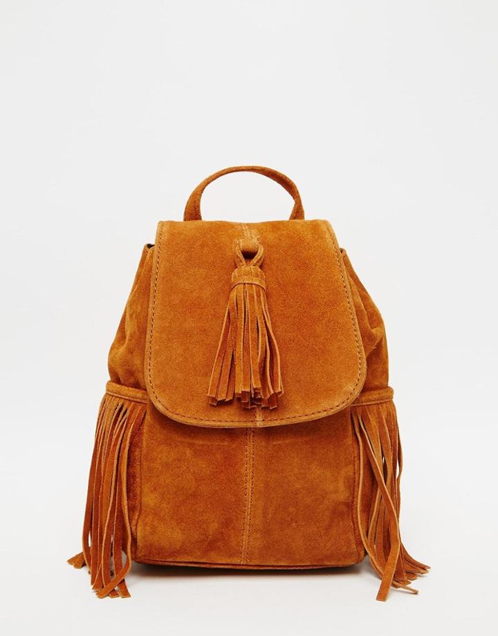 Asos Mini Suede Backpack With Tassels - Tan