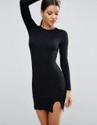 Asos Long Sleeve Mini Bodycon Dress With Curved Splits - Black