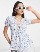 New Look Keyhole Blouse In Blue Ditsy Floral