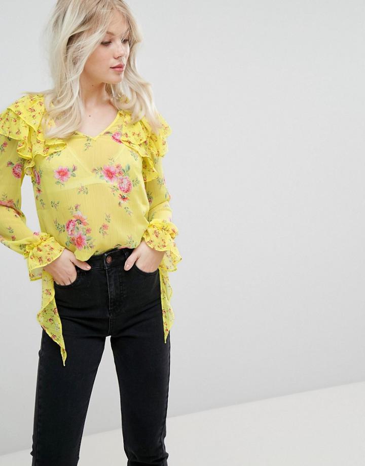 Miss Selfridge Floral And Ruffle Blouse - Multi