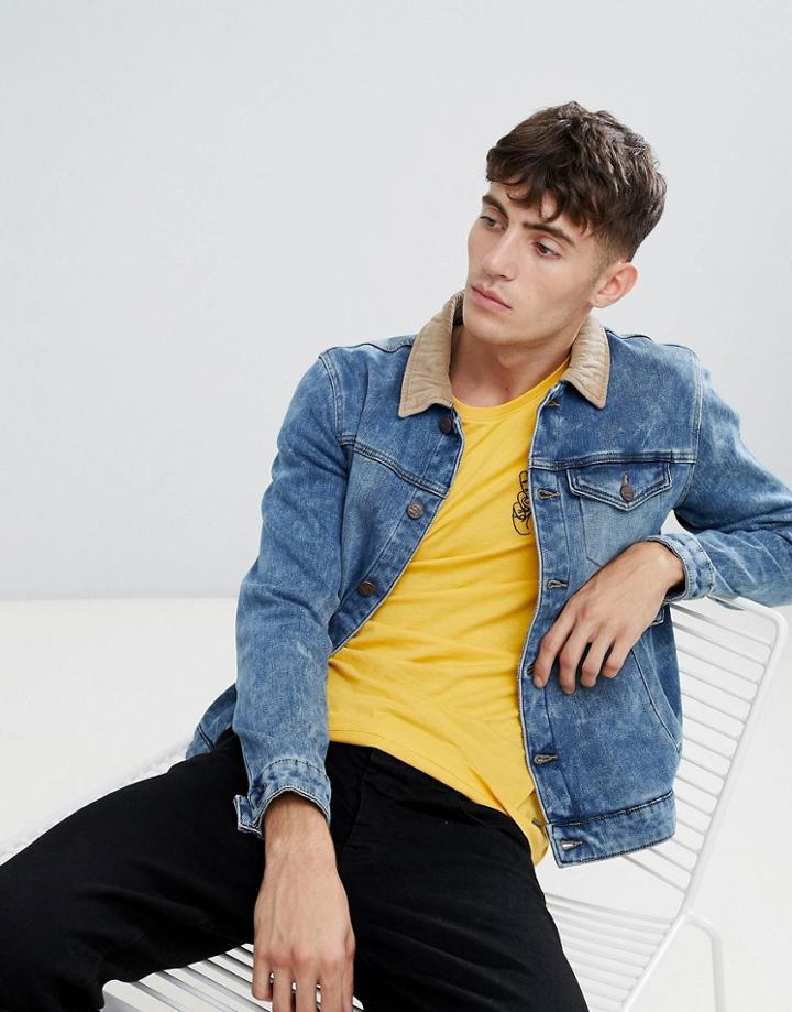 Only & Sons Denim Jacket With Wool Lining And Cord Collar - Blue