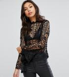 Lipsy Flare Sleeve Allover Lace Blouse With High Neck - Black