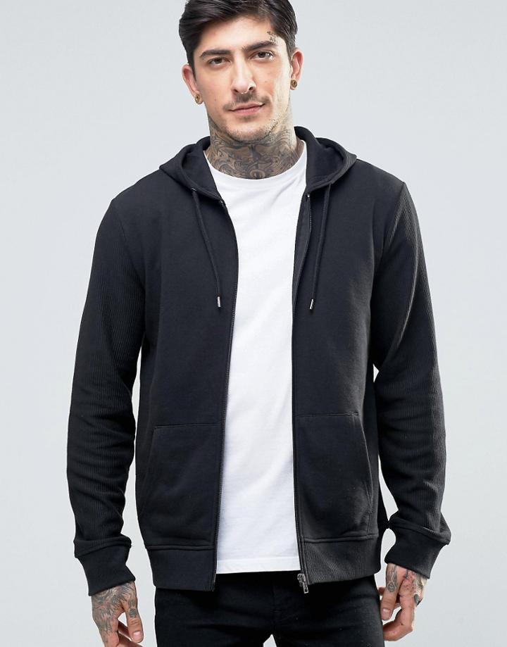 Another Influence Ribbed Sleeve Zip Thru Hoodie - Black