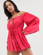 Asos Design Off Shoulder Beach Romper In Red With Tassel Ties - Red