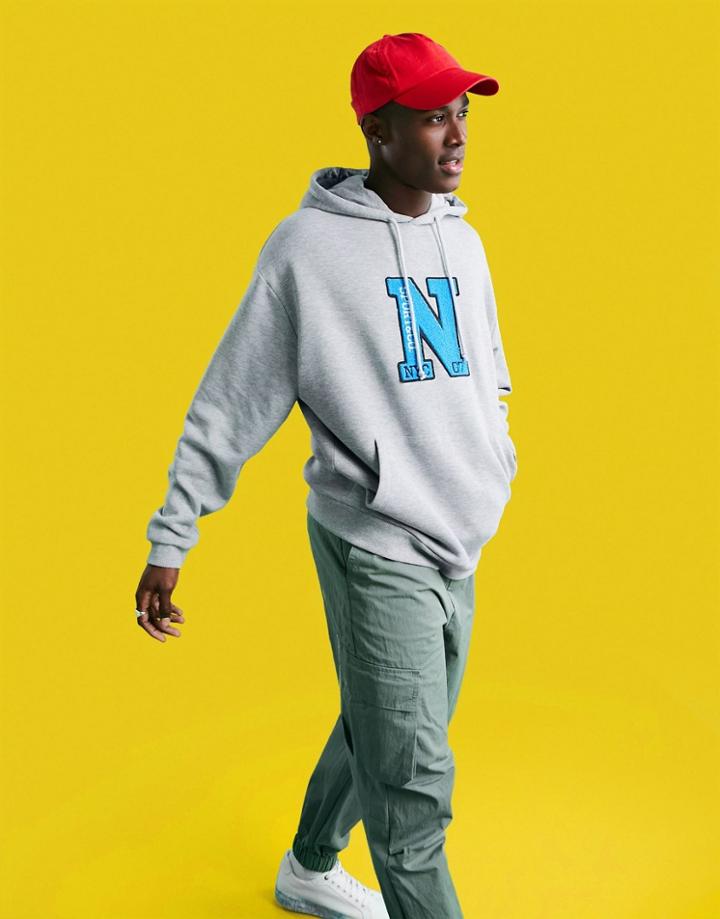 Asos Design Oversized Hoodie In Gray With Varsity Letter Patch-grey
