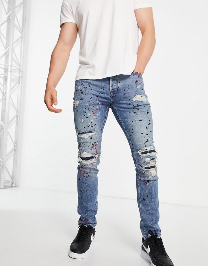 Topman Rip & Repair Paint Splatter Stretch Skinny Jeans In Mid Wash-blues
