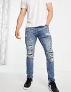 Topman Rip & Repair Paint Splatter Stretch Skinny Jeans In Mid Wash-blues