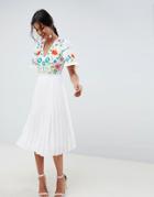Asos Design Pleated Embroidered Midi Dress - White