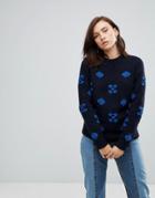 Ymc Floral Embroidery Wool Blend Sweater - Navy
