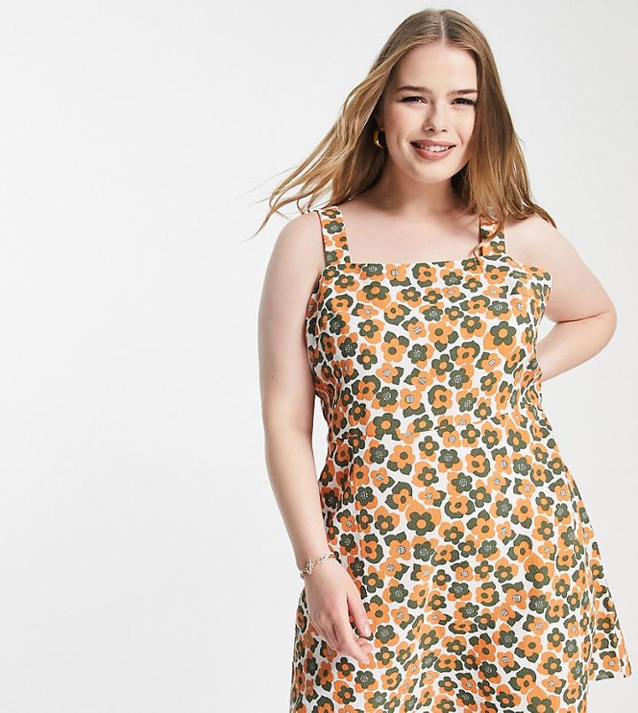 Lola May Plus Mini Cami Dress In Orange Retro Floral