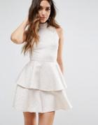Prettylittlething Jacquard Ruffle Skater Dress - White