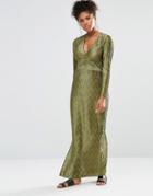 Liquorish Maxi Dress With Deep V Neck Long Sleeves And Side Splits - Green