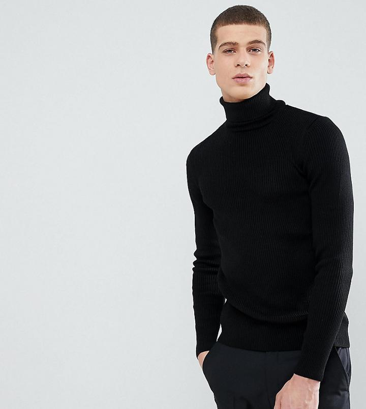 Asos Design Tall Muscle Fit Ribbed Roll Neck Sweater In Black - Black