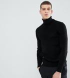 Asos Design Tall Muscle Fit Ribbed Roll Neck Sweater In Black - Black