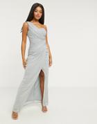 Lipsy X Abbey Clancy Glitter One-shoulder Maxi Dress In Blue