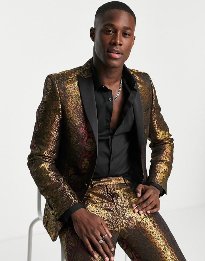 Twisted Tailor Navarrette Skinny Suit Jacket In Burgundy With Gold Snakeskin Jacquard-red