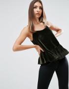 Asos Cami With Frill Hem In Velvet - Green