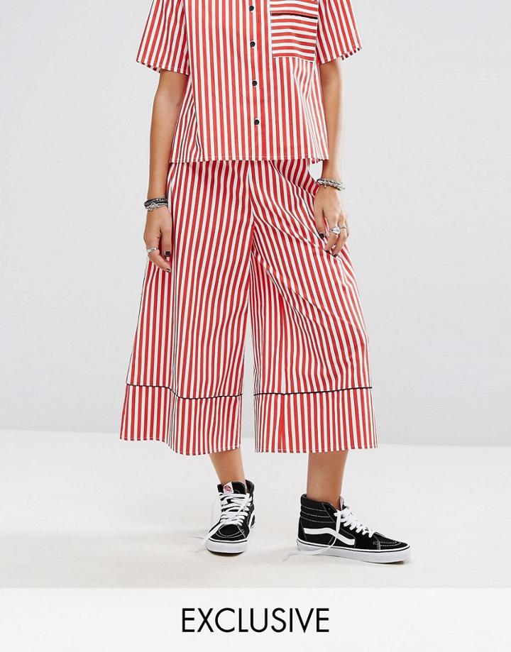 Reclaimed Vintage Inspired Striped Wide Leg Pant With Piping - Red