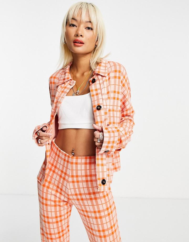 Asos Design Jersey Crop Suit Shacket In Orange Check-multi