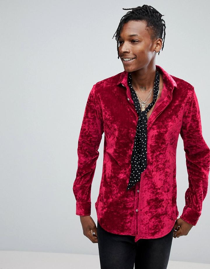Noose & Monkey Skinny Velvet Shirt - Red