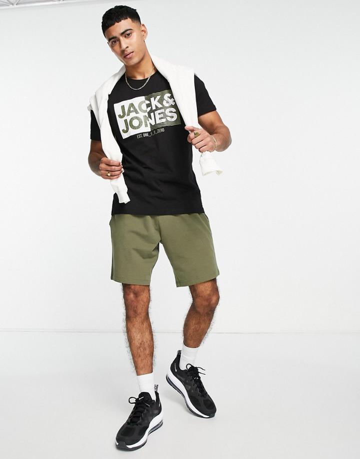 Jack & Jones Logo Print Crew Neck T-shirt In Black