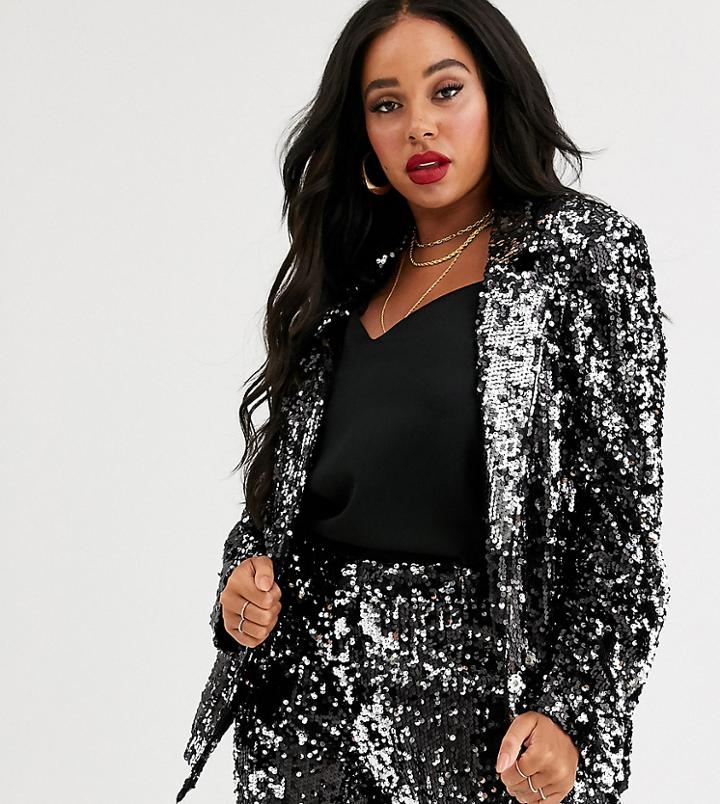 Skylar Rose Plus Longline Blazer In Sleek Sequin Two-piece-black
