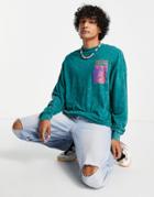 Asos Design Oversized Long Sleeve T-shirt In Washed Green With Front & Back Print