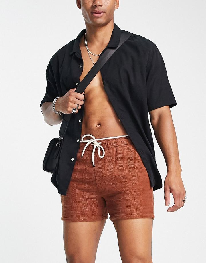 Asos Design Slim Shorts In Rust Orange Natural Look Textured Fabrics