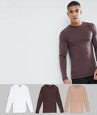 Asos Design 3 Pack Muscle Fit Long Sleeve Crew Neck T-shirt Save - Multi