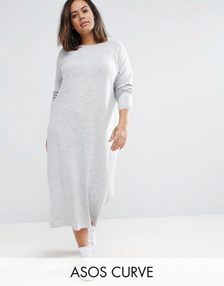 Asos Curve Lounge Midi Dress In Knit With V Back - Gray