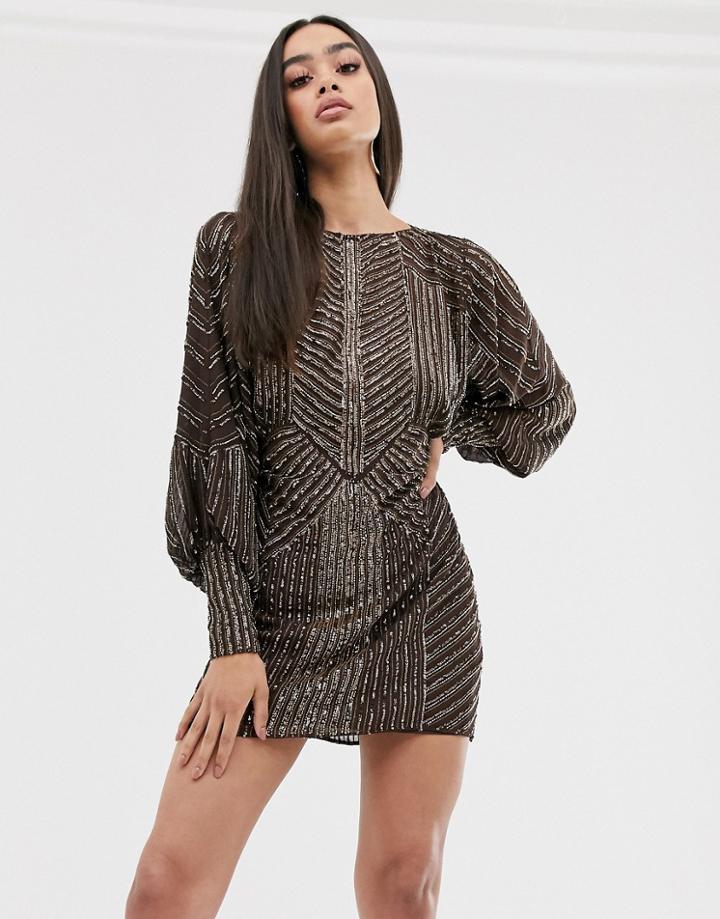 Asos Design Mini Dress With Blouson Sleeve In Linear Embellishment-brown