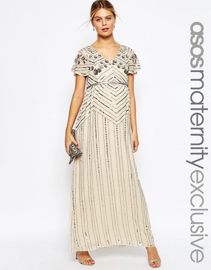 Asos Maternity Linear Embellished Maxi Dress - Cream