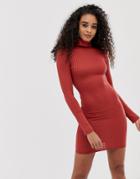 Prettylittlething Roll Neck Long Sleeve Ribbed Bodycon Mini Dress In Red - Red