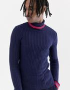 Asos Design Ribbed Roll Neck Sweater With Tipping In Navy - Navy